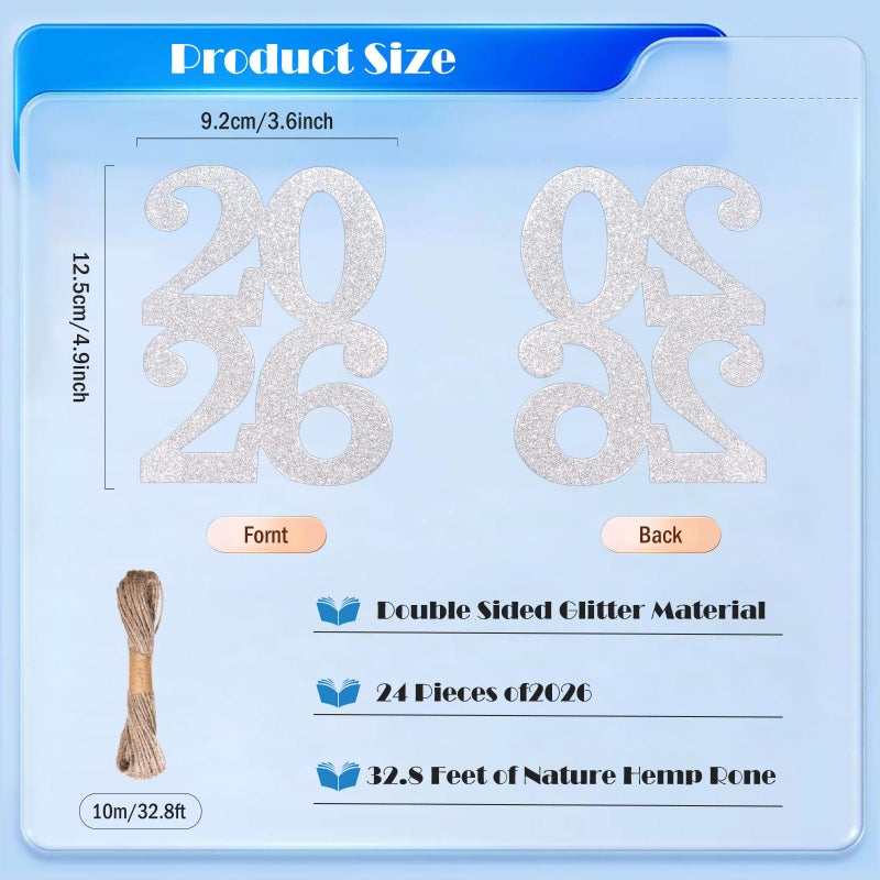 MixTeach 24 Pieces Glitter 2026 Cutouts Tags Decorations Double Side 2026 Graduation Cutouts 2026 Graduation Centerpiece 2026 New Year Decorations for New Year Party Supplies Favor(Silver, 2026) - Image 2