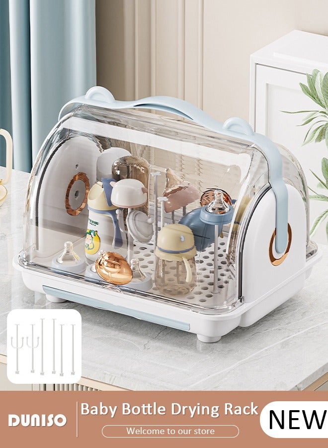 DUNISO حامل تجفيف زجاجات الأطفال، تخزين عمودي لزجاجات الأطفال مع غطاء مضاد للغبار وقاعدة قابلة للفصل، حامل تجفيف أدوات المائدة مع لوحة تصريف قابلة للسحب، منظم خزانة مطبخ محمول مع مقبض، صندوق تخزين أكواب بسعة كبيرة للمطبخ المنزلي - Image 1