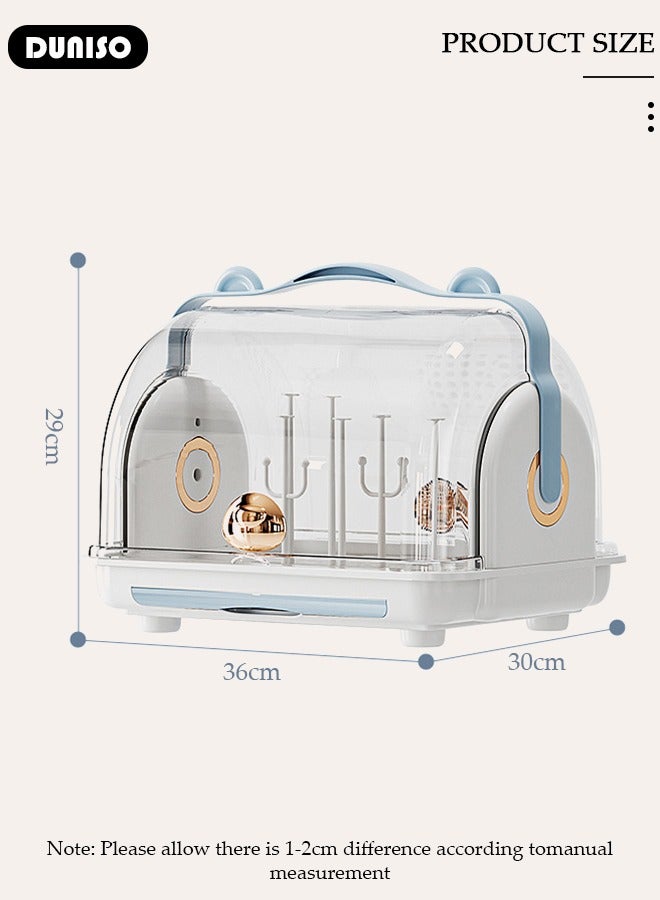DUNISO حامل تجفيف زجاجات الأطفال، تخزين عمودي لزجاجات الأطفال مع غطاء مضاد للغبار وقاعدة قابلة للفصل، حامل تجفيف أدوات المائدة مع لوحة تصريف قابلة للسحب، منظم خزانة مطبخ محمول مع مقبض، صندوق تخزين أكواب بسعة كبيرة للمطبخ المنزلي - Image 4