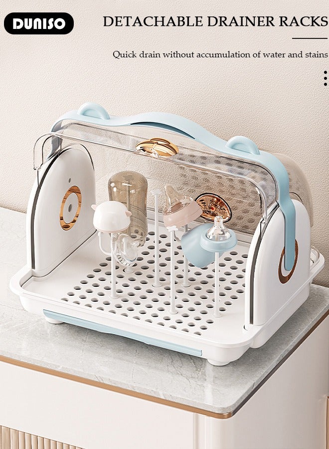 DUNISO حامل تجفيف زجاجات الأطفال، تخزين عمودي لزجاجات الأطفال مع غطاء مضاد للغبار وقاعدة قابلة للفصل، حامل تجفيف أدوات المائدة مع لوحة تصريف قابلة للسحب، منظم خزانة مطبخ محمول مع مقبض، صندوق تخزين أكواب بسعة كبيرة للمطبخ المنزلي - Image 2