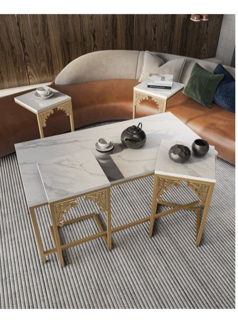 5-Piece Coffee Table Set – 1 Large Rectangular Center Table (120x60x50 cm) + 4 Side/Service Tables (35x35x55 cm) – Modern Living Room Furniture with Sturdy Iron Frame & White Marble-Look Wooden Top – Majlis & Salon Table Set