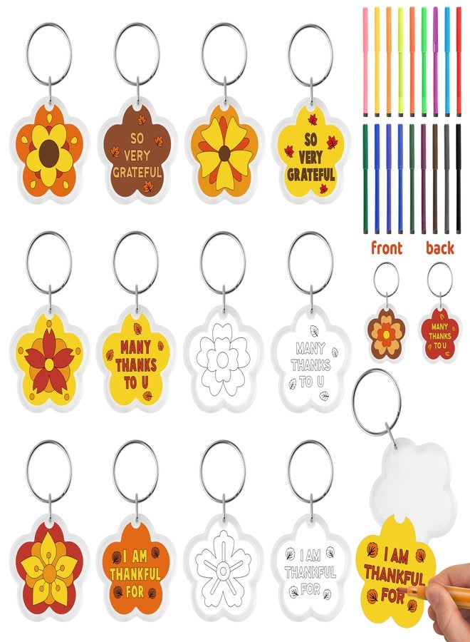 BeYumi Thankful Flower Keychains Crafts - 24Pcs Color Your Own Acrylic Thanksgiving Keychains Bulk DIY Flower Key Ring Set for Kids Thankful Coloring Card School Classroom Party Favor Gifts Activities - Image 1