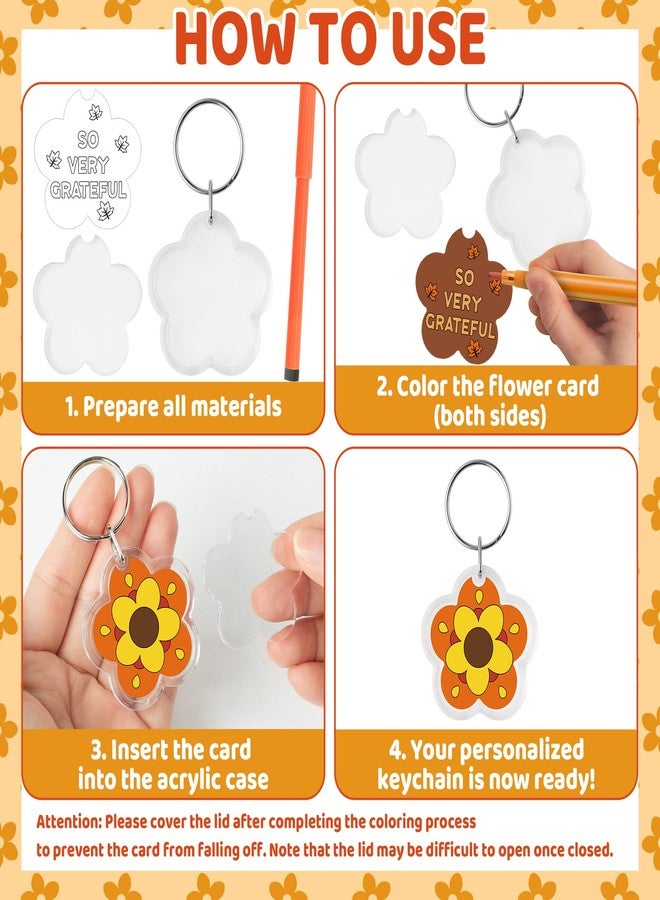 BeYumi Thankful Flower Keychains Crafts - 24Pcs Color Your Own Acrylic Thanksgiving Keychains Bulk DIY Flower Key Ring Set for Kids Thankful Coloring Card School Classroom Party Favor Gifts Activities - Image 5