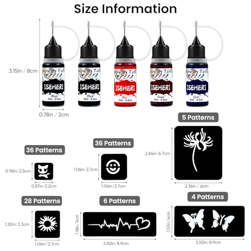 ISEHERI Temporary Tattoo Kit 5 Bottles Color Inks115 Pcs Stencils Kit for Body Paint DIY Fake Tattoos for Kidsblack2 brown red cyan - Image 3
