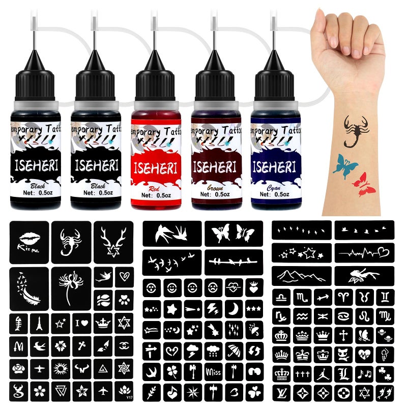 ISEHERI Temporary Tattoo Kit 5 Bottles Color Inks115 Pcs Stencils Kit for Body Paint DIY Fake Tattoos for Kidsblack2 brown red cyan - Image 2