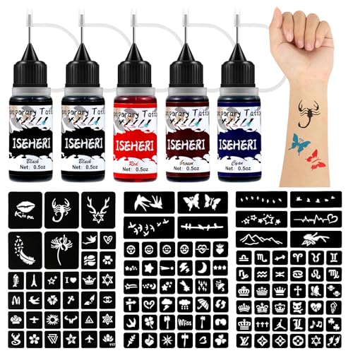ISEHERI Temporary Tattoo Kit 5 Bottles Color Inks115 Pcs Stencils Kit for Body Paint DIY Fake Tattoos for Kidsblack2 brown red cyan - Image 1