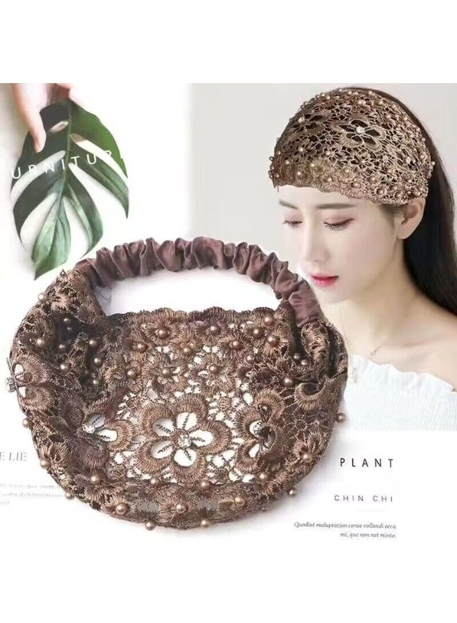 طوق رأس جديد بتصميم زهر البرقوق المجوف مع حافة عريضة مزينة بالخرز لتغطية الشعر الرمادي، طوق رأس نسائي، بني - Image 1