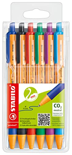 STABILO Ballpoint Pen pointball - Pack of 6 - Red, Blue, Black, Green, Turquoise, Lilac, Retractable, Medium Point - Image 1