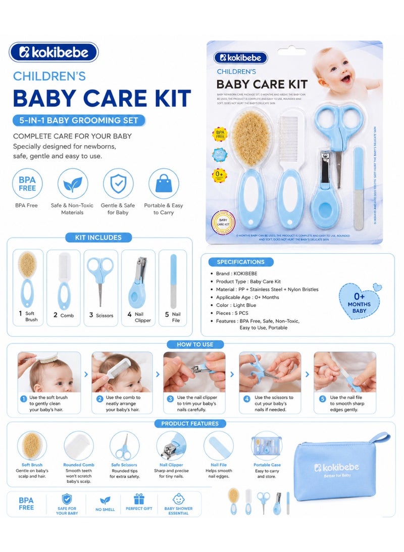 kokibebe' KOKIBEBE Newborn Baby Grooming Kit 5 Pieces with Brush, Comb & Nail Care Set, Light Blue, 0+ Months - Image 2