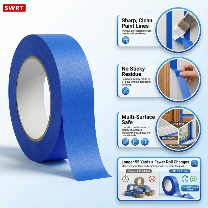 SWRT Blue Painters Tape 1 Inch x 55 Yards, 12 Rolls (660 Yards) â€“ Sharp Clean Paint Lines, No-Residue Painters Tape for Walls, Trim & Baseboards, Easy Removal Masking Tape for Home Projects - Image 3