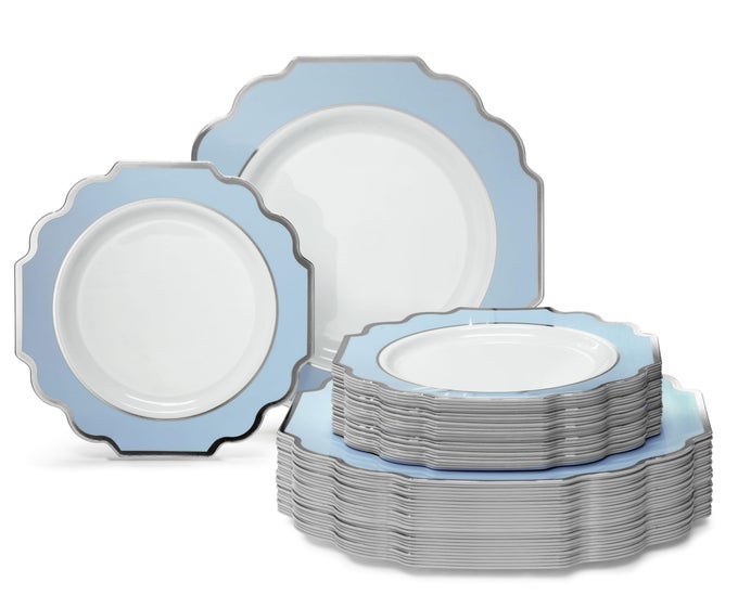 OCCASIONS 80 PLATES PACK40 GUESTS HEAVYWEIGHT PREMIUM WEDDING PARTY DISPOSABLE PLASTIC PLATES SET 40 X 105 DINNER 40 X 8 SALADDESSERT IMPERIAL IN WHITEBLUE SILVER