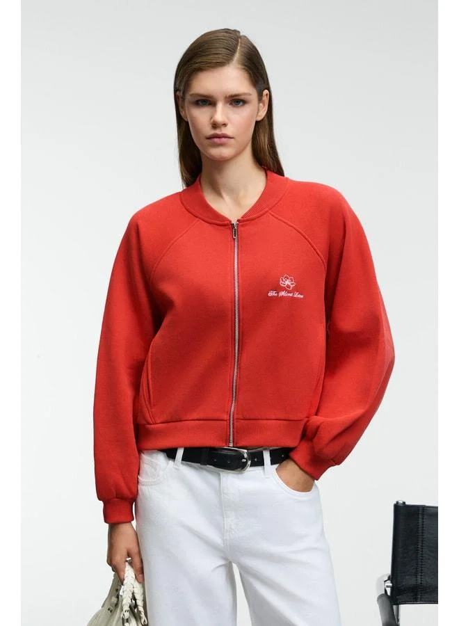 GRIMELANGE YASVELL Women's Metal Zip Double Pocket Embroidered Balloon Sleeve Red Bomber Jacket.