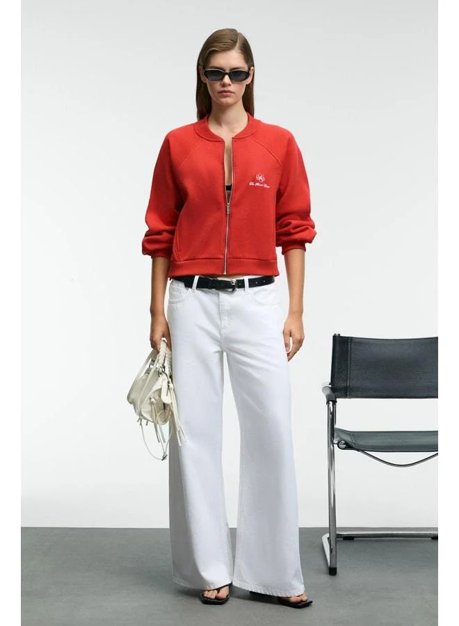 GRIMELANGE YASVELL Women's Metal Zip Double Pocket Embroidered Balloon Sleeve Red Bomber Jacket.