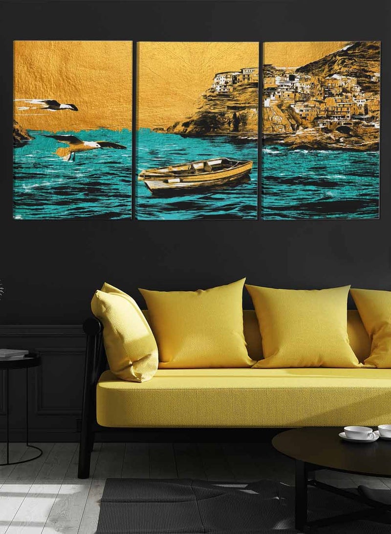لوحة طقم من ٣ لوحات كانفاس على إطار خشبي تصميم بحر وقارب وطيور للمنزل غرفة المعيشة المكتب الديكور - Image 3