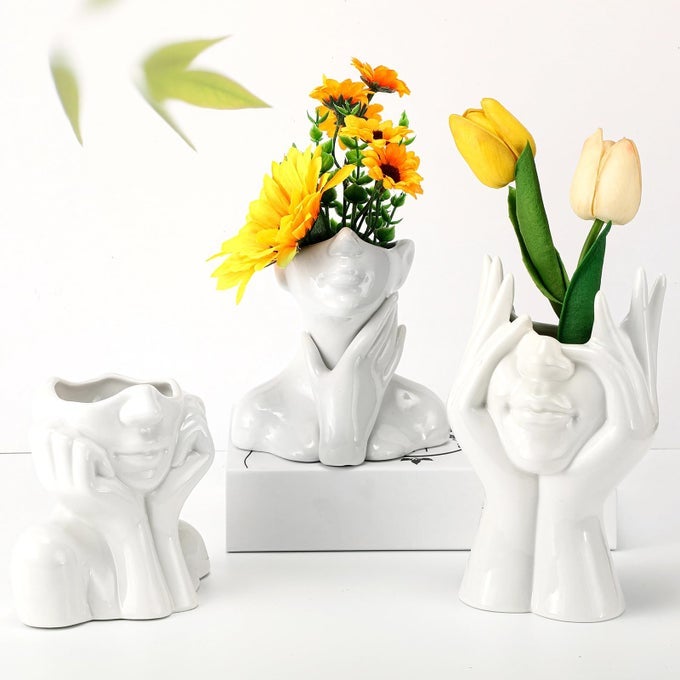 3 PCS CERAMIC FACE VASE FEMALE FORM FLOWER MODERN BODY VASE FOR DECOR WITH HEAD HALF BODY BUST CENTERPIECE FOR TABLE SHELF HOME BEDROOM ROOM OFFICELARGEWHITE