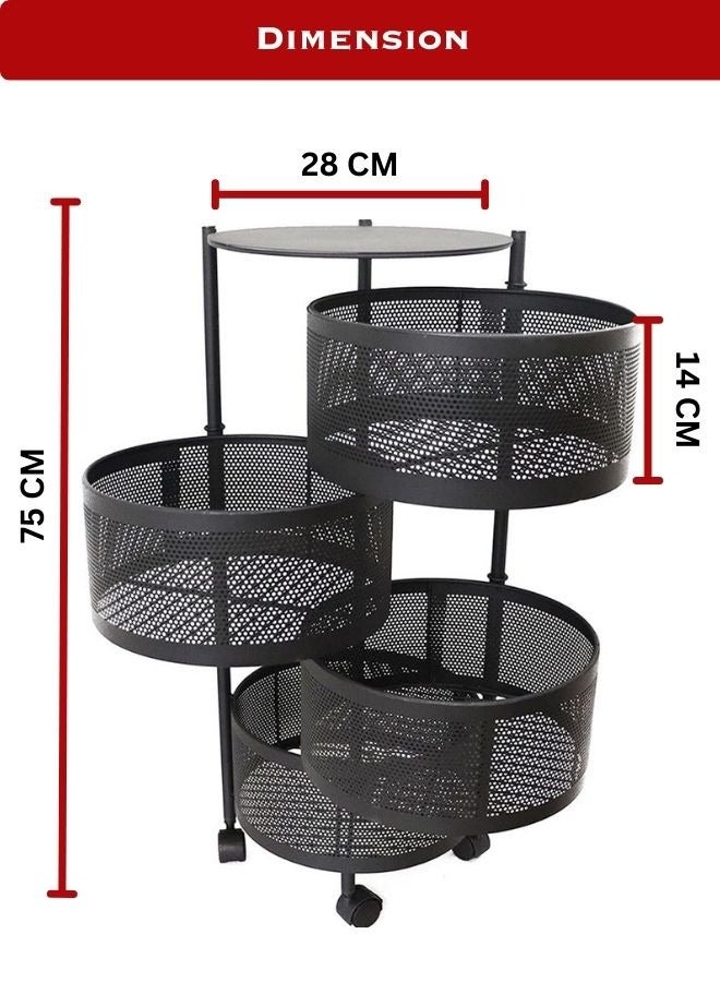 4 Layer Round Shape Kitchen Storage Rack Rotating Basket Cart For Vegetables And Fruits Rack Standing Shelf Units 4 Tier Black Colour - Image 5