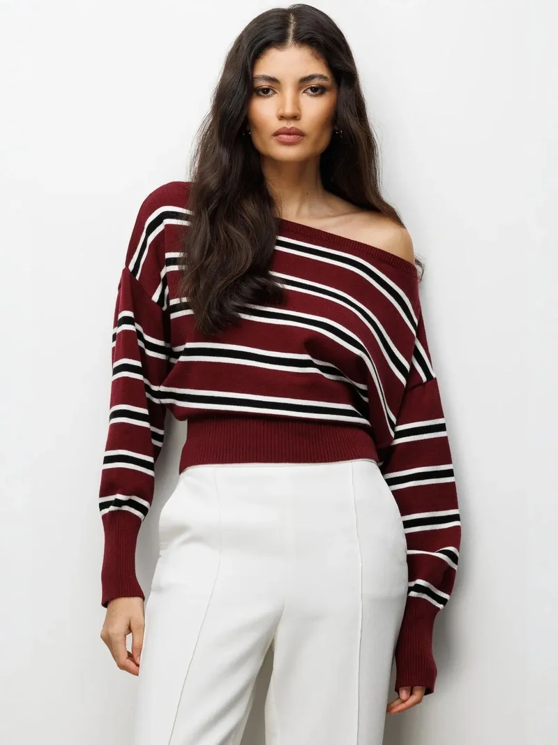 Mixray Burgundy Red Mixray Ribbed Boat Neck Sweater for Women | Best Price UAE