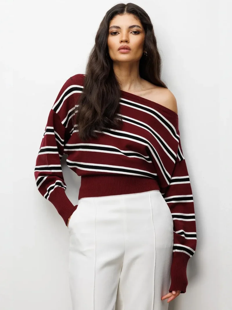 MixRay Boat Neck Balloon Sleeve Relaxed Fit Knit Sweater