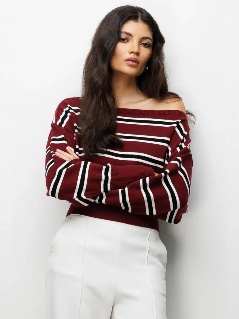 Mixray Burgundy Red Mixray Ribbed Boat Neck Sweater for Women | Best Price UAE