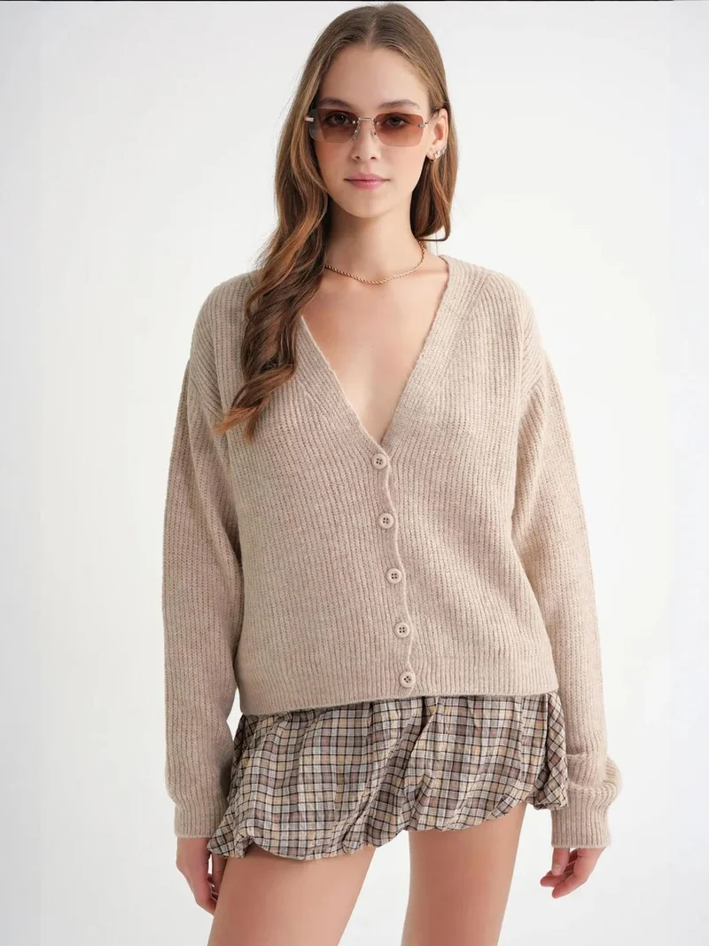 MixRay Mixray Textured V-Neck Button Cardigan