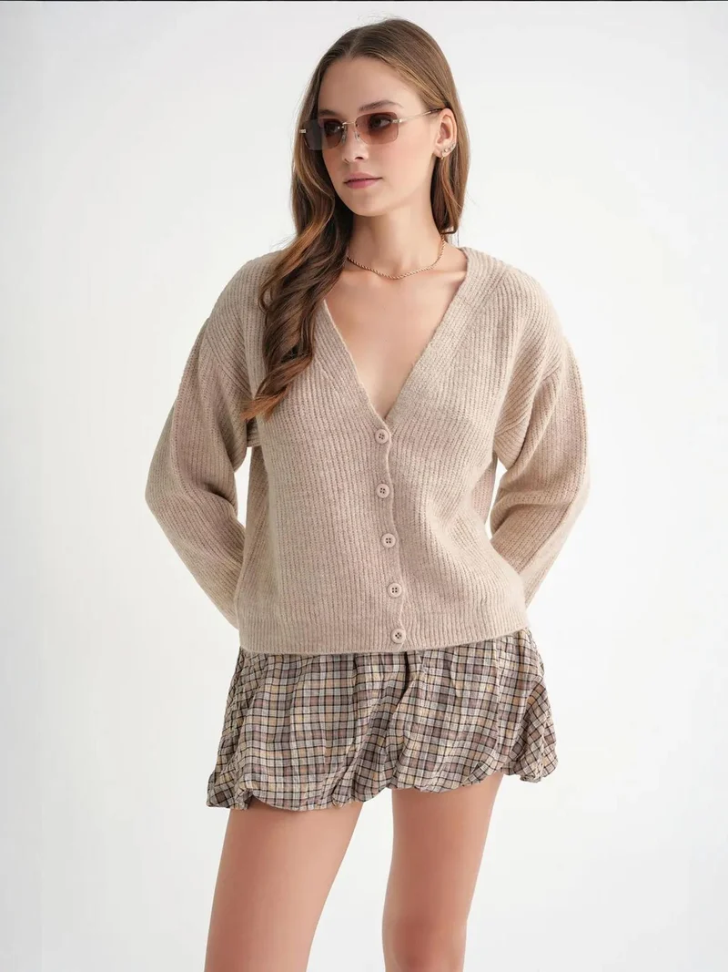 Mixray Beige Natural Mixray Textured V-Neck Button Cardigan for Women | Best Price UAE
