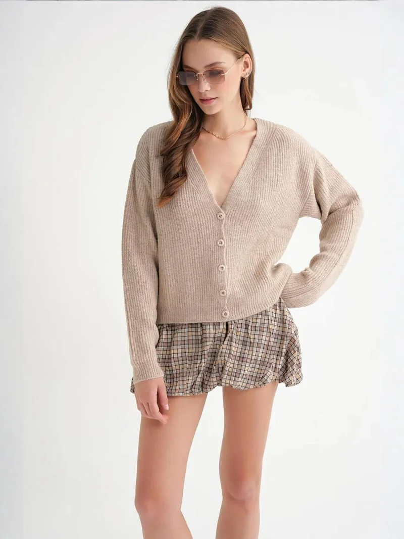 Mixray Beige Natural Mixray Textured V-Neck Button Cardigan for Women | Best Price UAE