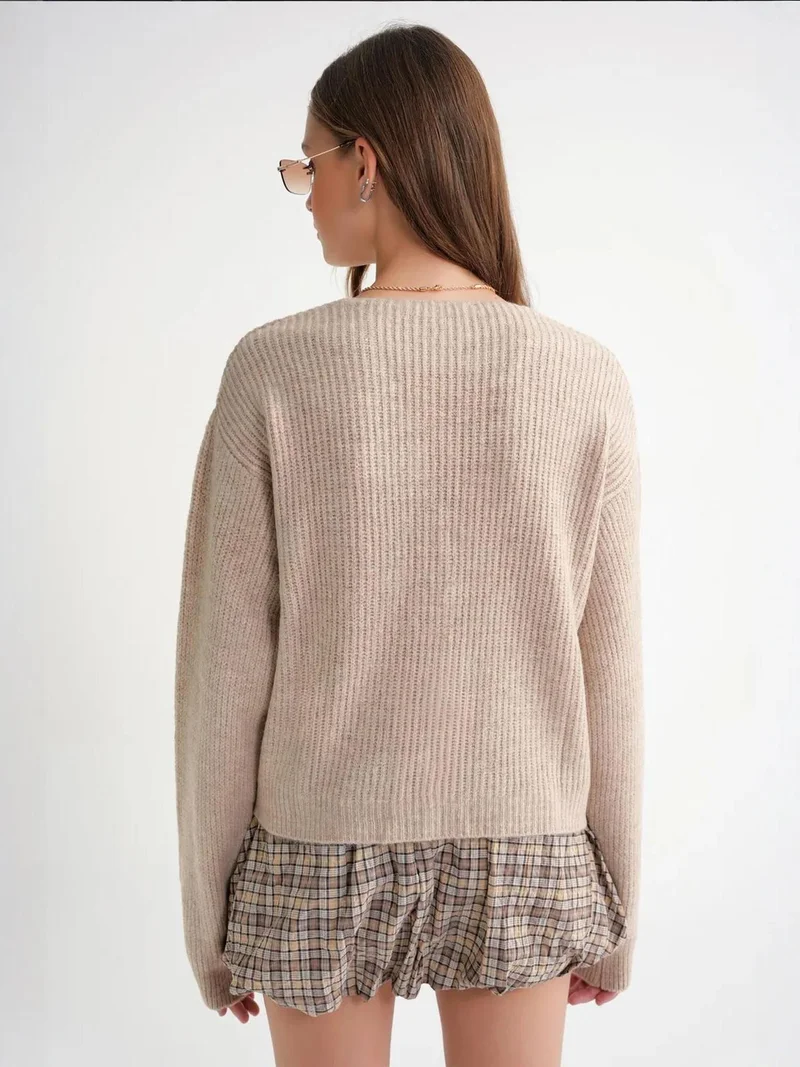 Mixray Beige Natural Mixray Textured V-Neck Button Cardigan for Women | Best Price UAE