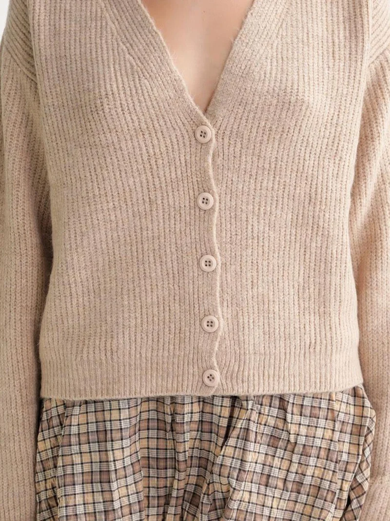 Mixray Beige Natural Mixray Textured V-Neck Button Cardigan for Women | Best Price UAE