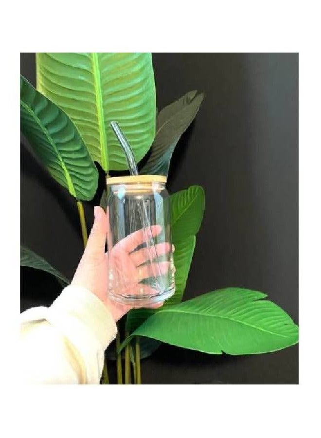Mug Can Glass With Bamboo Lids And Glass Straws Soda Can Shape - Image 2