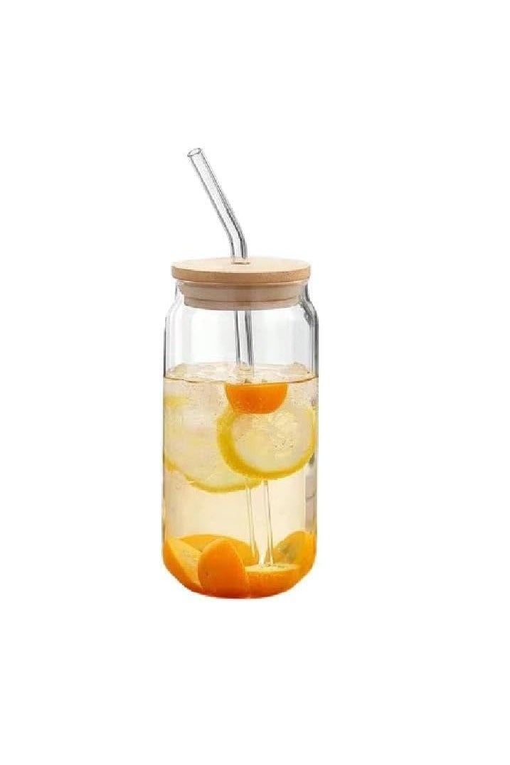 Mug Can Glass With Bamboo Lids And Glass Straws Soda Can Shape - Image 1