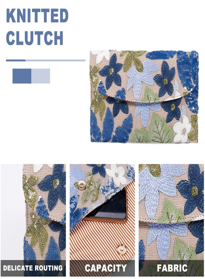 QTKJ Envelope Package, Clutch Purses for Women, Sequin Embroidered Flowers Straw Bag, Bohemian Handmade Handbags, Beach Bag for Vacation, Travel, Banquet (Blue Flower) - Image 3