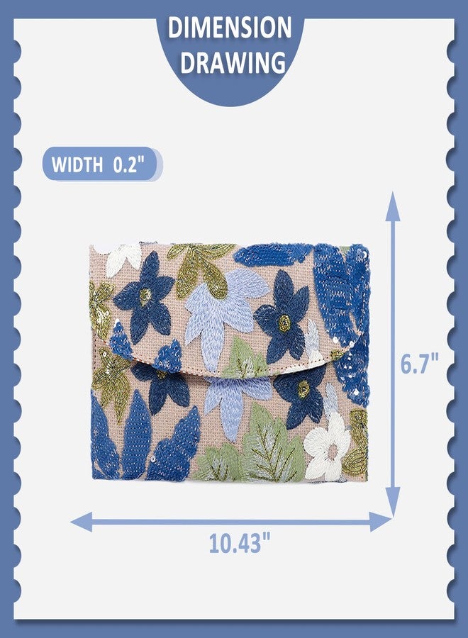 QTKJ Envelope Package, Clutch Purses for Women, Sequin Embroidered Flowers Straw Bag, Bohemian Handmade Handbags, Beach Bag for Vacation, Travel, Banquet (Blue Flower) - Image 2