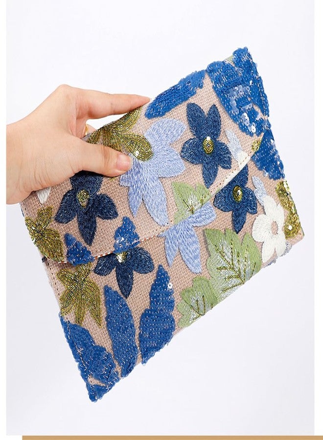 QTKJ Envelope Package, Clutch Purses for Women, Sequin Embroidered Flowers Straw Bag, Bohemian Handmade Handbags, Beach Bag for Vacation, Travel, Banquet (Blue Flower) - Image 4