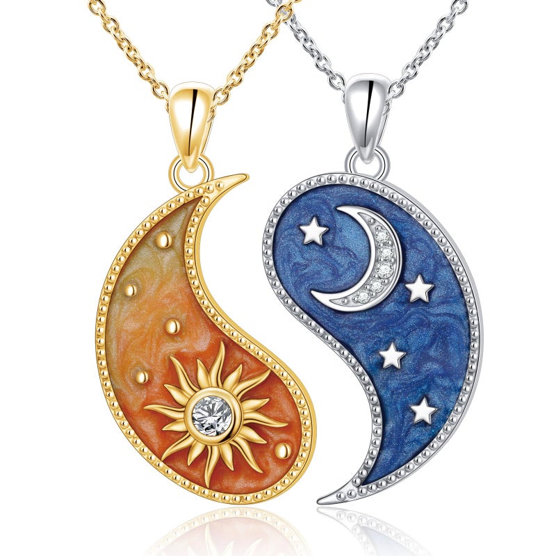FLYOW S925 Sterling Silver Best Friend Pendant Friendship Sun Moon Yin Yang Matching Bff Necklace for Women Jewelry - Image 1