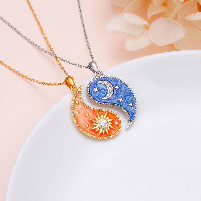 FLYOW S925 Sterling Silver Best Friend Pendant Friendship Sun Moon Yin Yang Matching Bff Necklace for Women Jewelry - Image 2