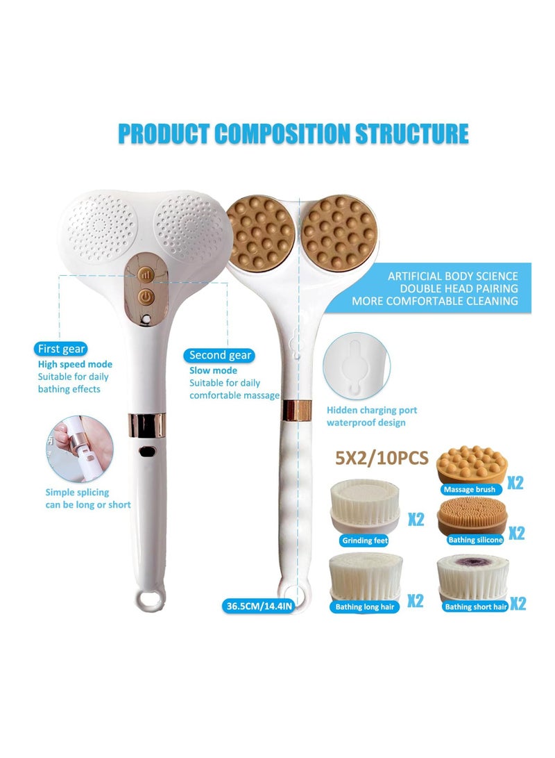 SYOSI Electric Body Brush with Double Brush Heads, Rechargeable Spin Scrubber for Deep Cleansing, Shower Bathing, and Exfoliation, Includes 5x2 Attachments Brush Heads, IPX6 Waterproof Design - Image 2