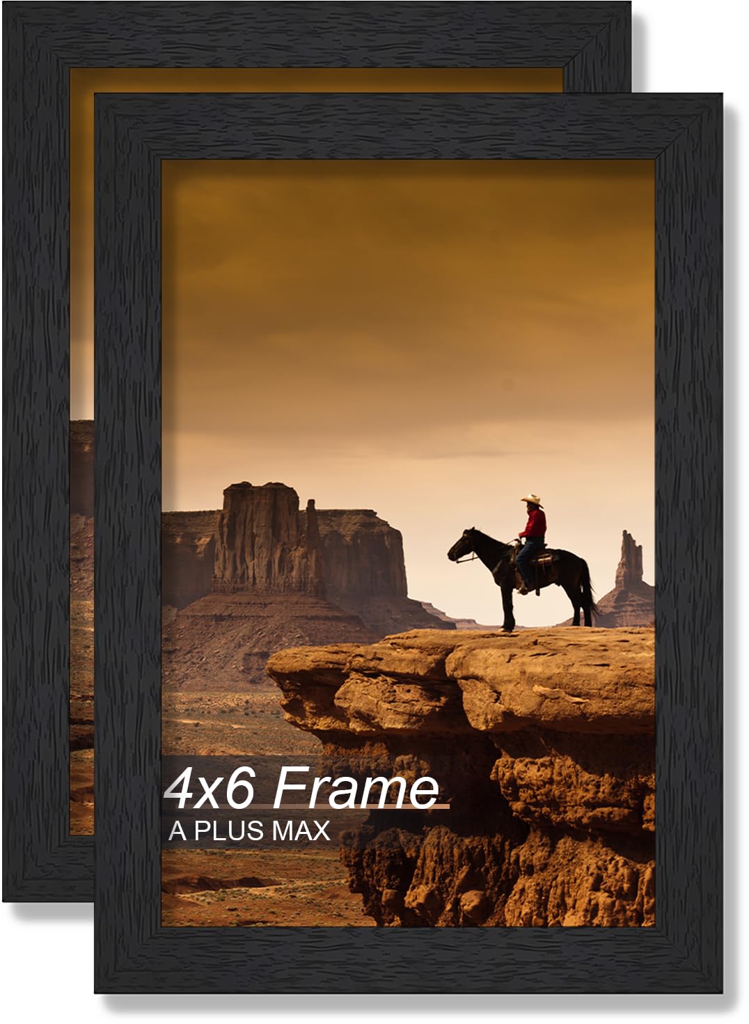A PLUS MAX 4x6 Picture Frame Set of 2, Black Engineered Wood Frame for 4 x 6 Inch Picture Poster Photo, Light Weight 4 by 6 Frame with Wood-grain for Wall - 2 Pack/Black/4"x6"