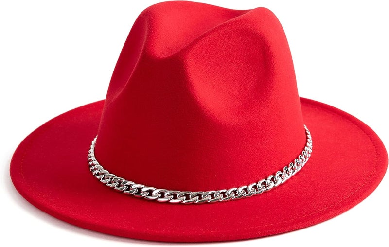 Gossifan Women Men Wide Brim Fedoran Hat with Chain Belt Buckle - Image 1