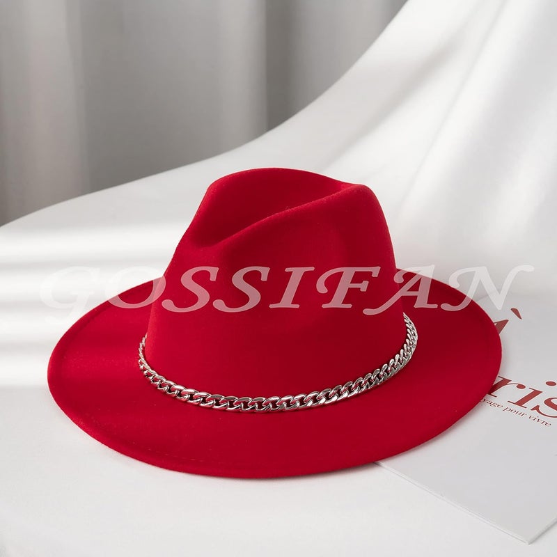 Gossifan Women Men Wide Brim Fedoran Hat with Chain Belt Buckle - Image 4