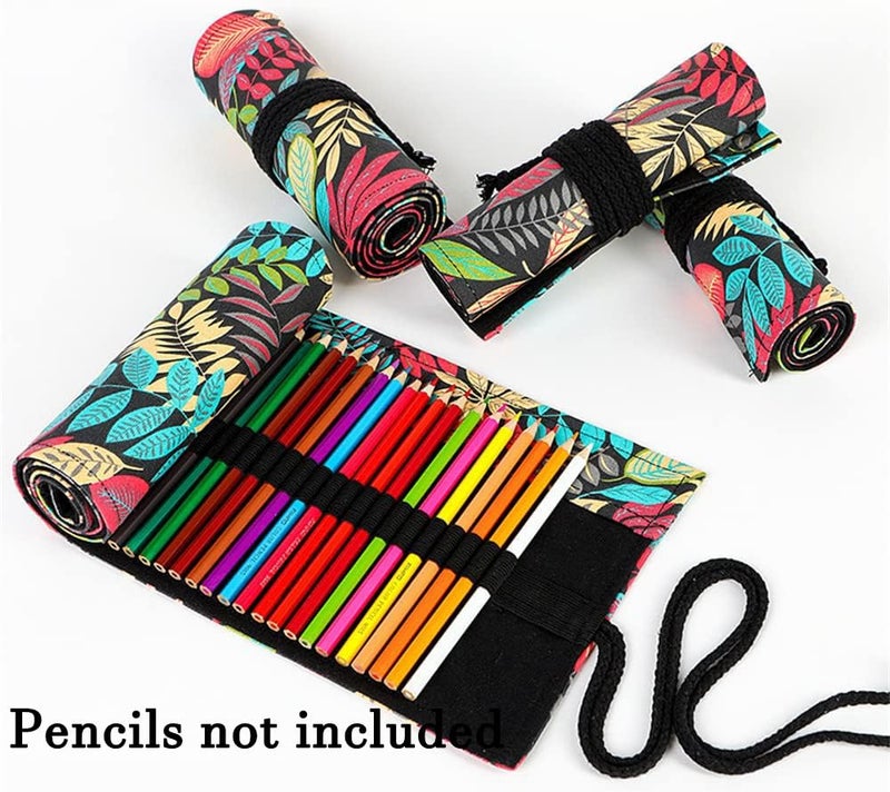 DIYOMR 24/36/72 Slots Pencil Wrap Pencil Rolls, Artist Colored Pencils Roll Up Bag Short Brushes Pouch Case Pencils Organizer for Drawing Coloring and Sketching (Colorful Leaves, 72slots) - Image 2