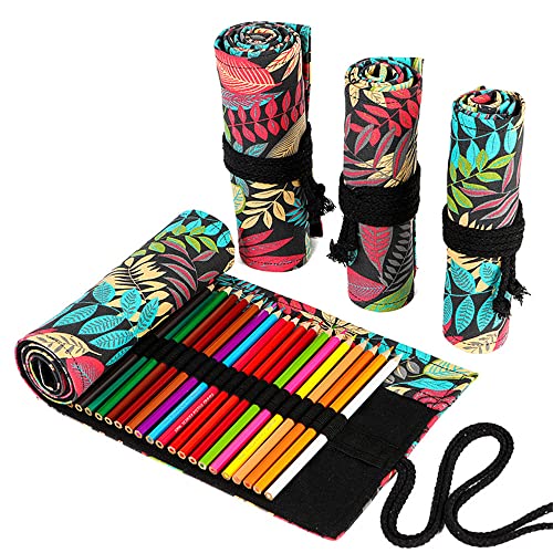 DIYOMR 24/36/72 Slots Pencil Wrap Pencil Rolls, Artist Colored Pencils Roll Up Bag Short Brushes Pouch Case Pencils Organizer for Drawing Coloring and Sketching (Colorful Leaves, 72slots) - Image 1