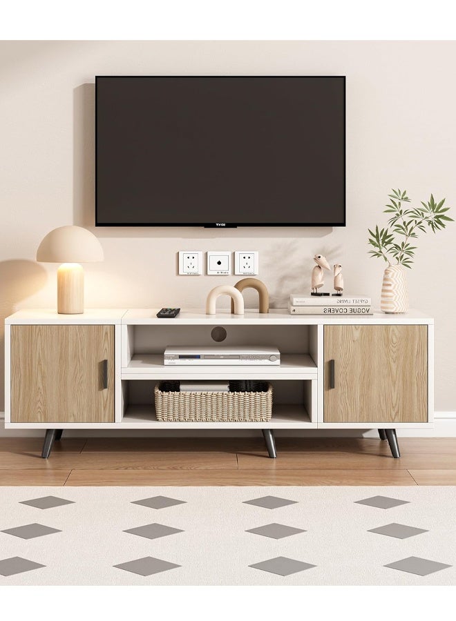 إن كي أكس حامل تلفزيون لغرفة المعيشة مع خزانة تخزين، مركز ترفيهي عصري، لون أبيض وبيج - Image 4