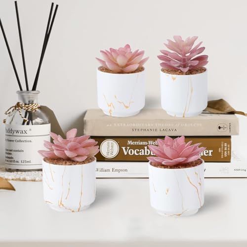 ZENIDA Succulent Artificial Plants,Cute Fake Succulents in 4 White Ceramic Pots,Small Fake Plants for Office,Table,Desk,Bathroom, Bedroom,Aesthetic Room Shelves Decor,Desk Decorations for Women Office - Image 5