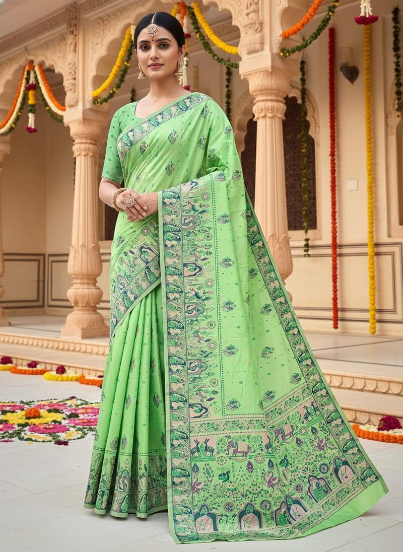 Glory Sarees Women's Silk Blend Madhubani Saree With Blouse Piece (Madhubani101_LimeGreen) - Image 3