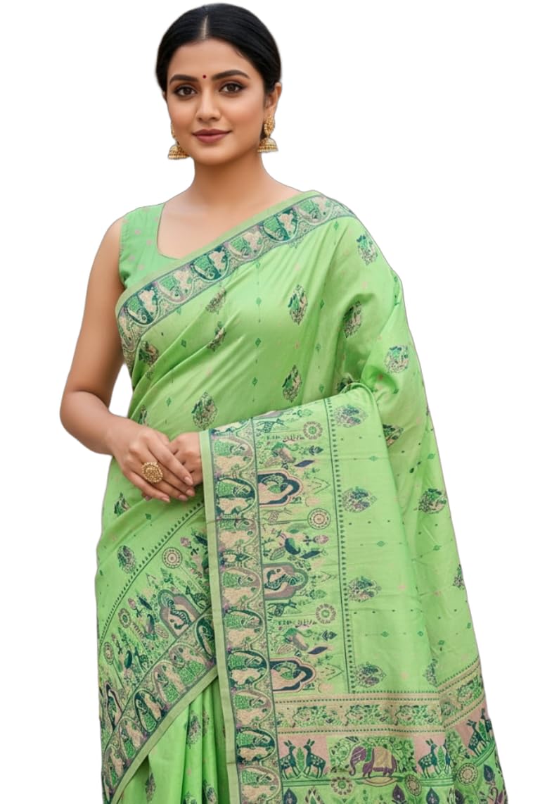 Glory Sarees Women's Silk Blend Madhubani Saree With Blouse Piece (Madhubani101_LimeGreen) - Image 1