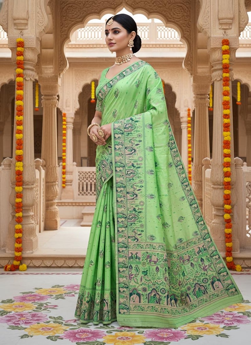 Glory Sarees Women's Silk Blend Madhubani Saree With Blouse Piece (Madhubani101_LimeGreen) - Image 4