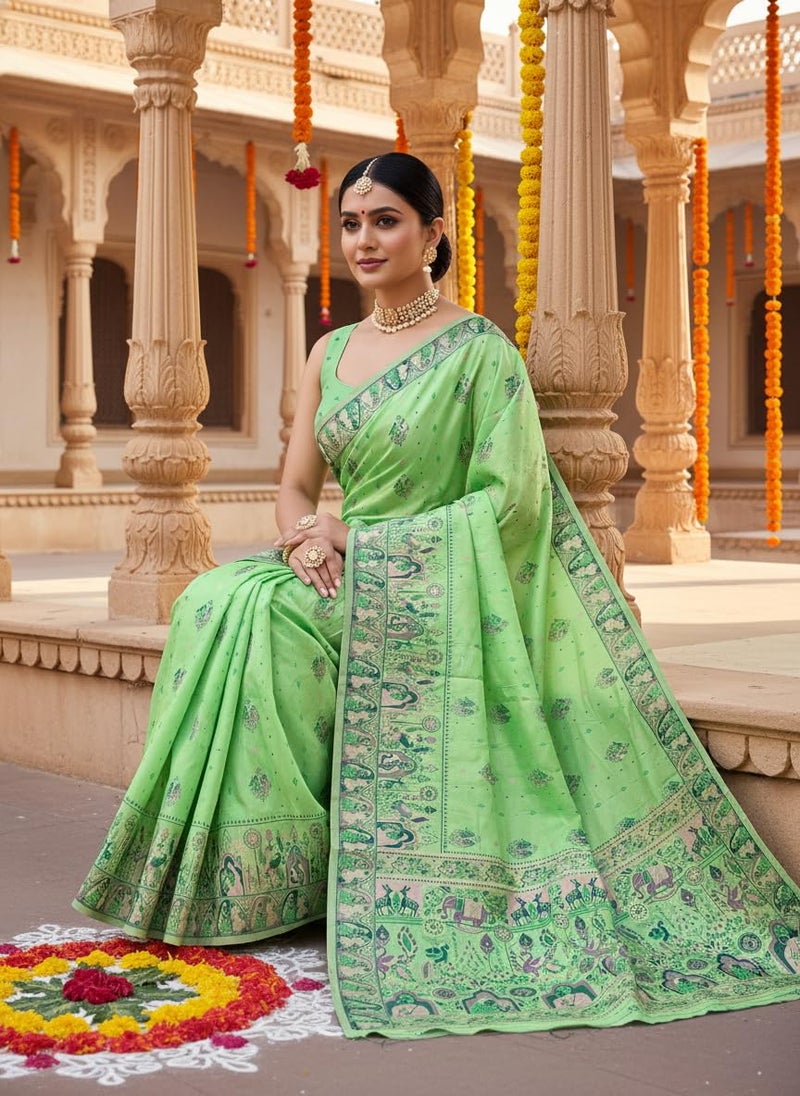 Glory Sarees Women's Silk Blend Madhubani Saree With Blouse Piece (Madhubani101_LimeGreen) - Image 2