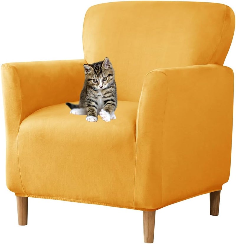 SONNACH Stretch Chair Covers with Arms 1-Piece Banquet Armchair Slipcover Velvet Mid Century Modern Armchair Slipcover Anti-Slip Furniture Protector for Living Room Friendly for Kids Pets (Yellow) - Image 1