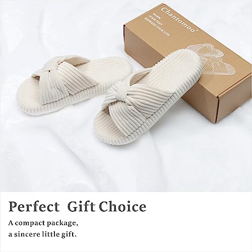 Chantomoo Slippers for Women Memory Foam House Bedroom Corduroy Bow Crossbands Slide Slipper Shoes Comfy Trendy Gift Slippers Beige 5 6 - Image 5