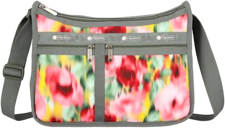 LeSportsac LeSportsac Chasing Flowers Deluxe Everyday Crossbody Bag + Cosmetic Bag, Style 7507/Color E546, Vibrant Tropical Soft Focus Flowers, Bokeh Style Art In Motion, Raspberry, Avocado & Sunny Yellow Blooms